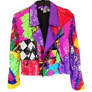 Sequin Moto Jacket Women's Neon Multicolor OOAK Zipper Front100% Silk Sz Medium